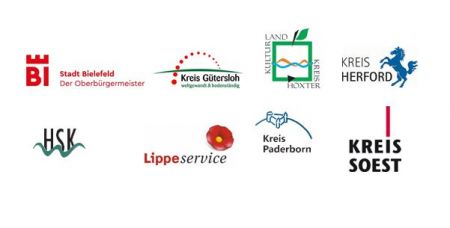 Logos der Stadt Bielefeld und der Kreise Güersloh, Höxter, Herford, Hochsauerlandkreis, Lippe, Paderborn und Soest